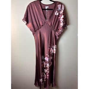 Womens Medium Joie Satin Maxi Dress Burgundy Red V-Neck Floral Elegant Romantic
